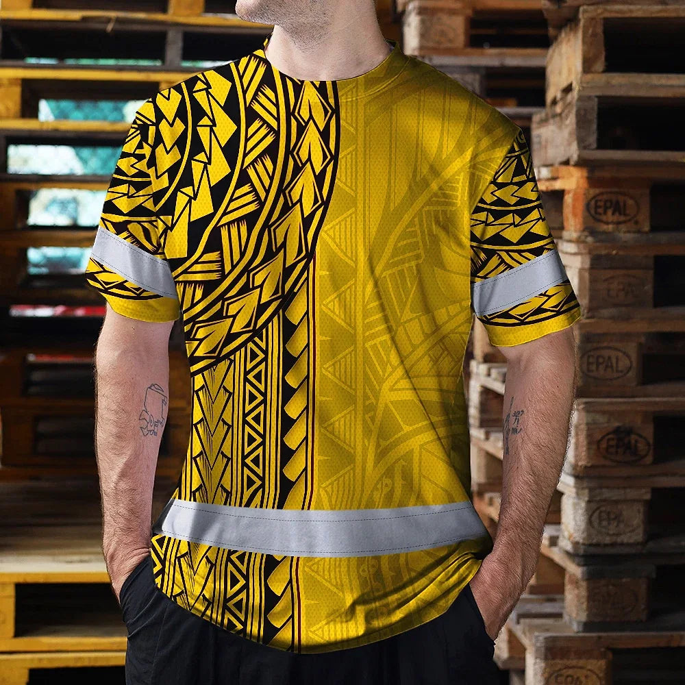 Hi Vis Shirt Reflective Tapes Yellow Polynesian Custom Name Safety Workwear For Workers, Truckers, Operators