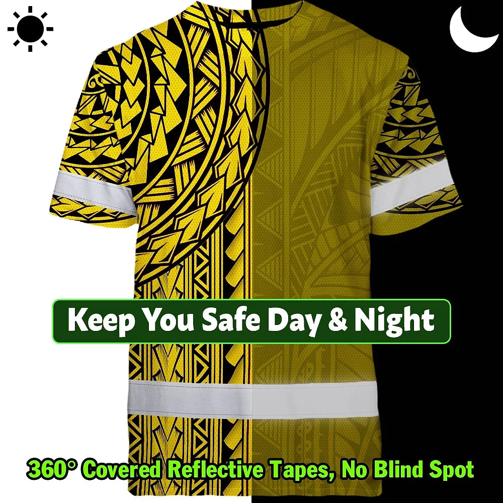 Hi Vis Shirt Reflective Tapes Yellow Polynesian Custom Name Safety Workwear For Workers, Truckers, Operators