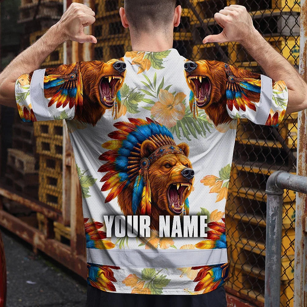 Hi Vis T Shirt Reflective Tapes Bear Native Custom Name Safety Workwear For Workers, Truckers, Operators