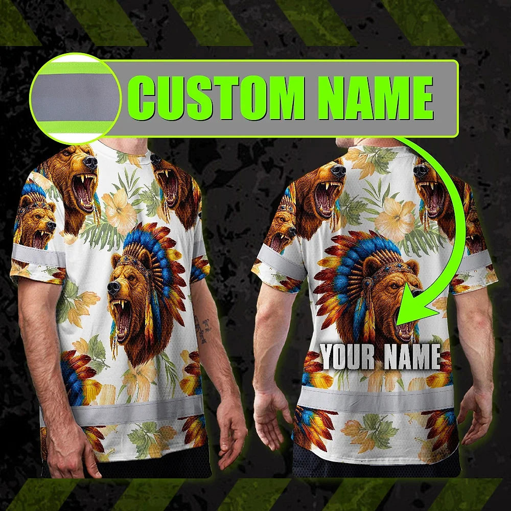 Hi Vis T Shirt Reflective Tapes Bear Native Custom Name Safety Workwear For Workers, Truckers, Operators