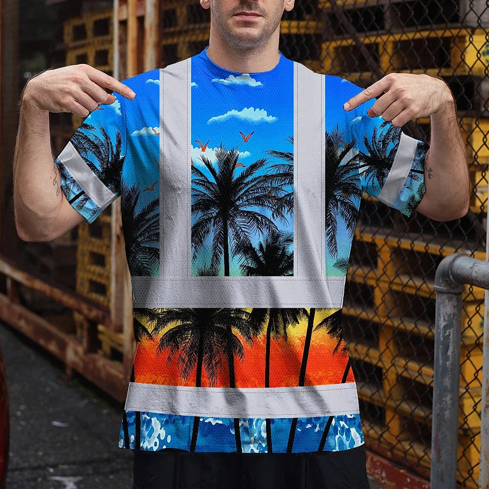 Hi Vis T Shirt Reflective Tapes Blue Coconut Tree Custom Name Safety Workwear For Workers, Truckers, Operators