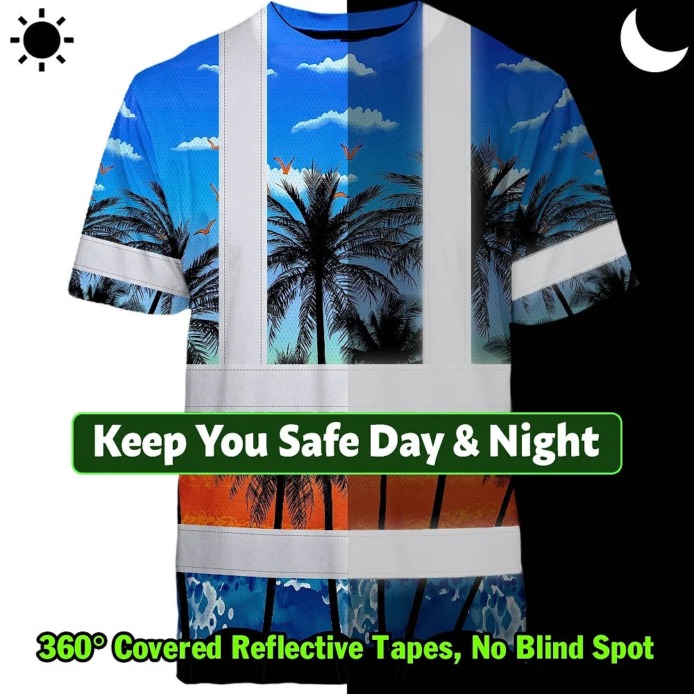 Hi Vis T Shirt Reflective Tapes Blue Coconut Tree Custom Name Safety Workwear For Workers, Truckers, Operators
