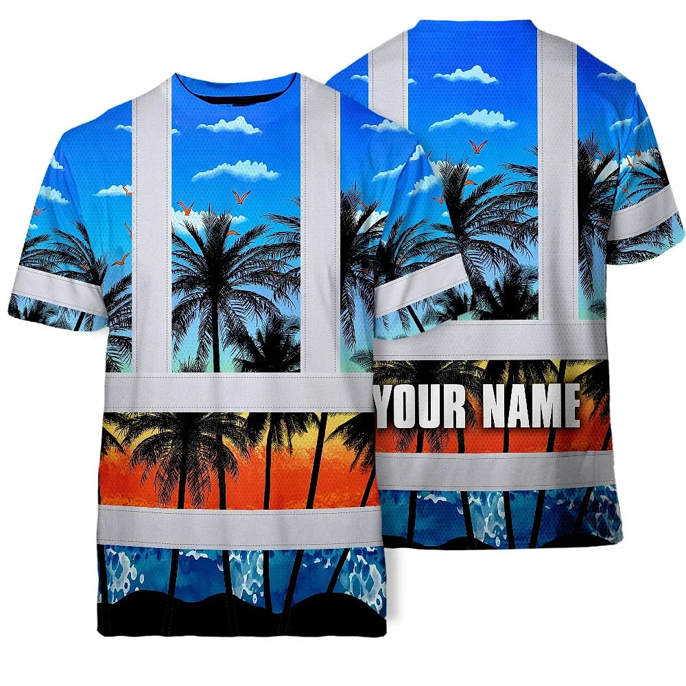 Hi Vis T Shirt Reflective Tapes Blue Coconut Tree Custom Name Safety Workwear For Workers, Truckers, Operators