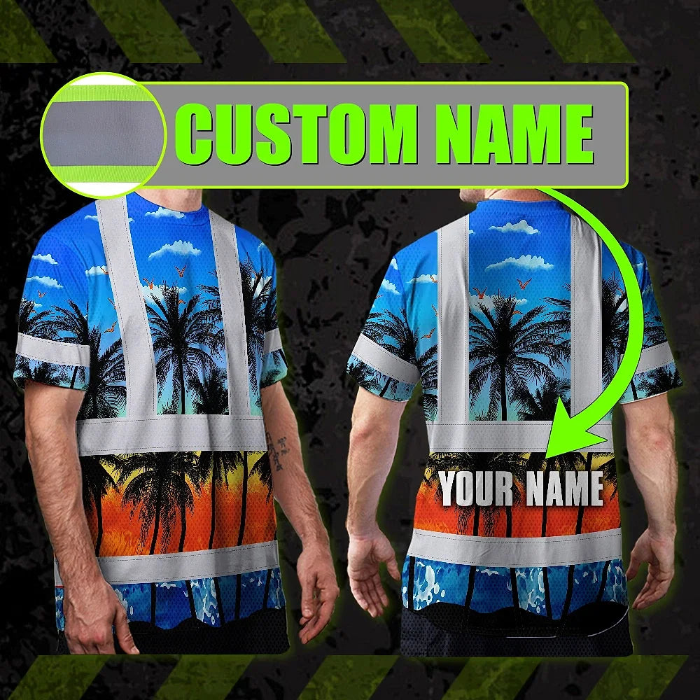 Hi Vis T Shirt Reflective Tapes Blue Coconut Tree Custom Name Safety Workwear For Workers, Truckers, Operators