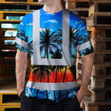 Hi Vis T Shirt Reflective Tapes Blue Coconut Tree Custom Name Safety Workwear For Workers, Truckers, Operators