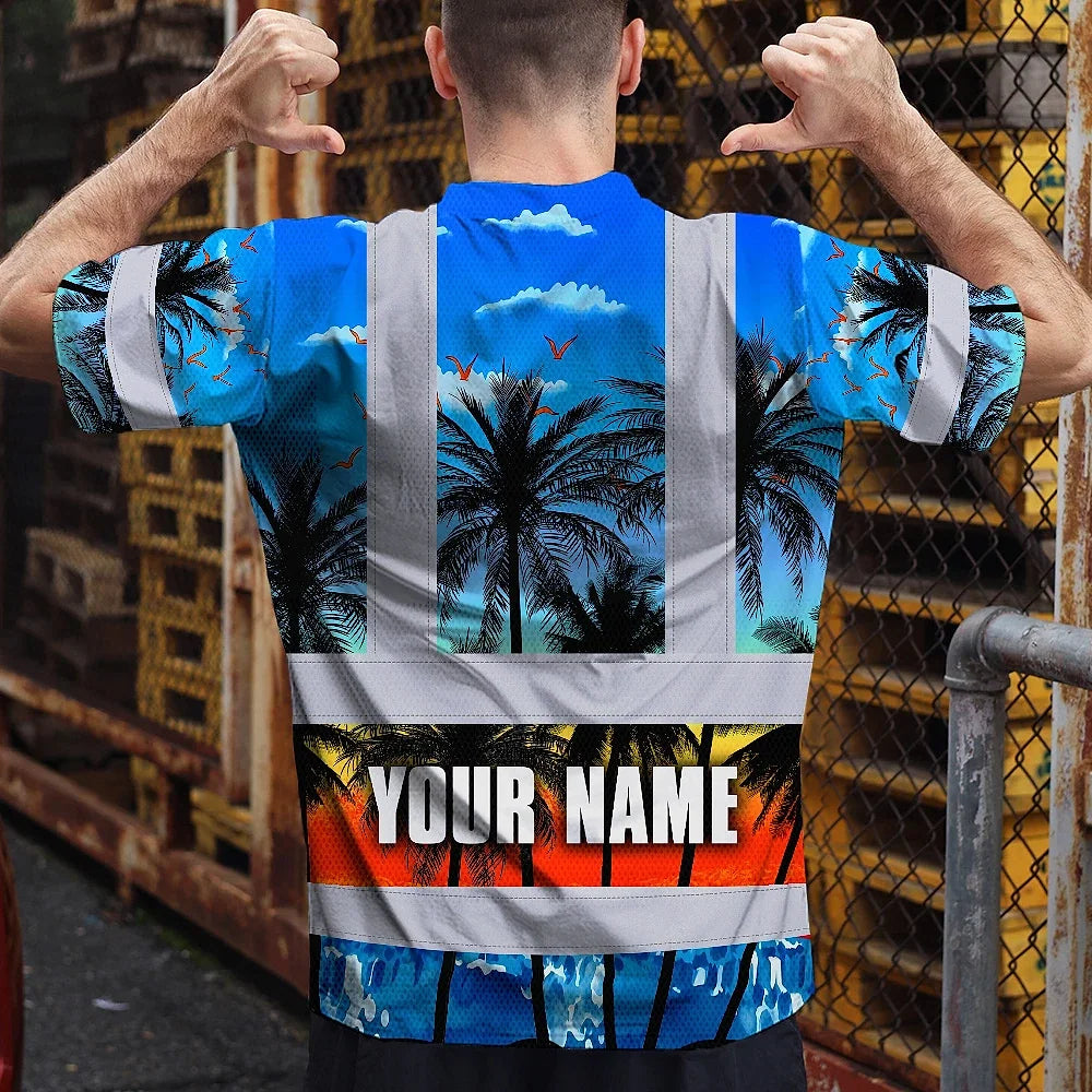 Hi Vis T Shirt Reflective Tapes Blue Coconut Tree Custom Name Safety Workwear For Workers, Truckers, Operators