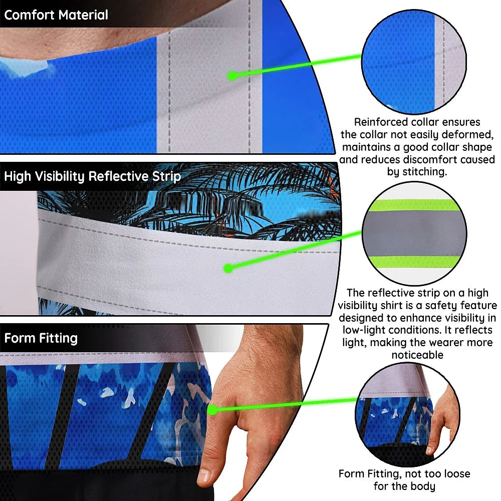 Hi Vis T Shirt Reflective Tapes Blue Coconut Tree Custom Name Safety Workwear For Workers, Truckers, Operators