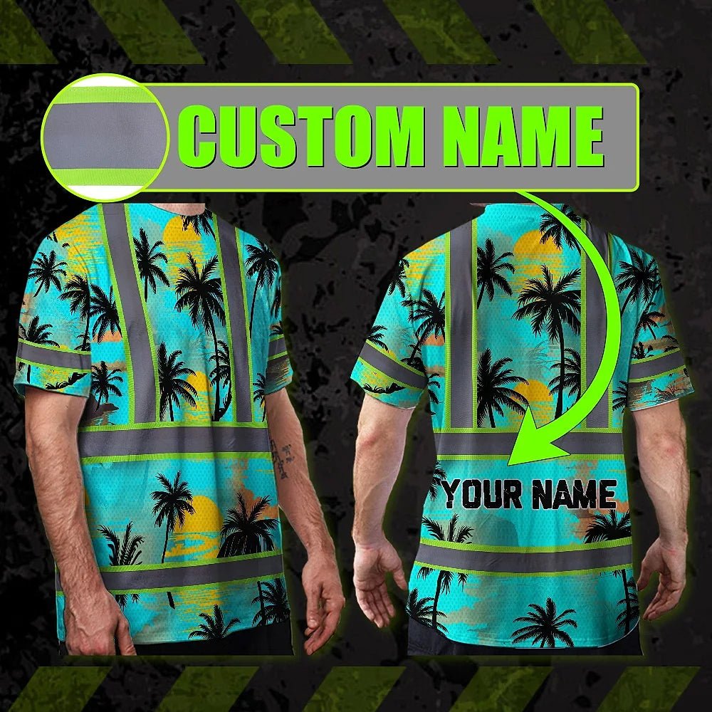 Hi Vis T Shirt Reflective Tapes Blue Neon Flowers Custom Name