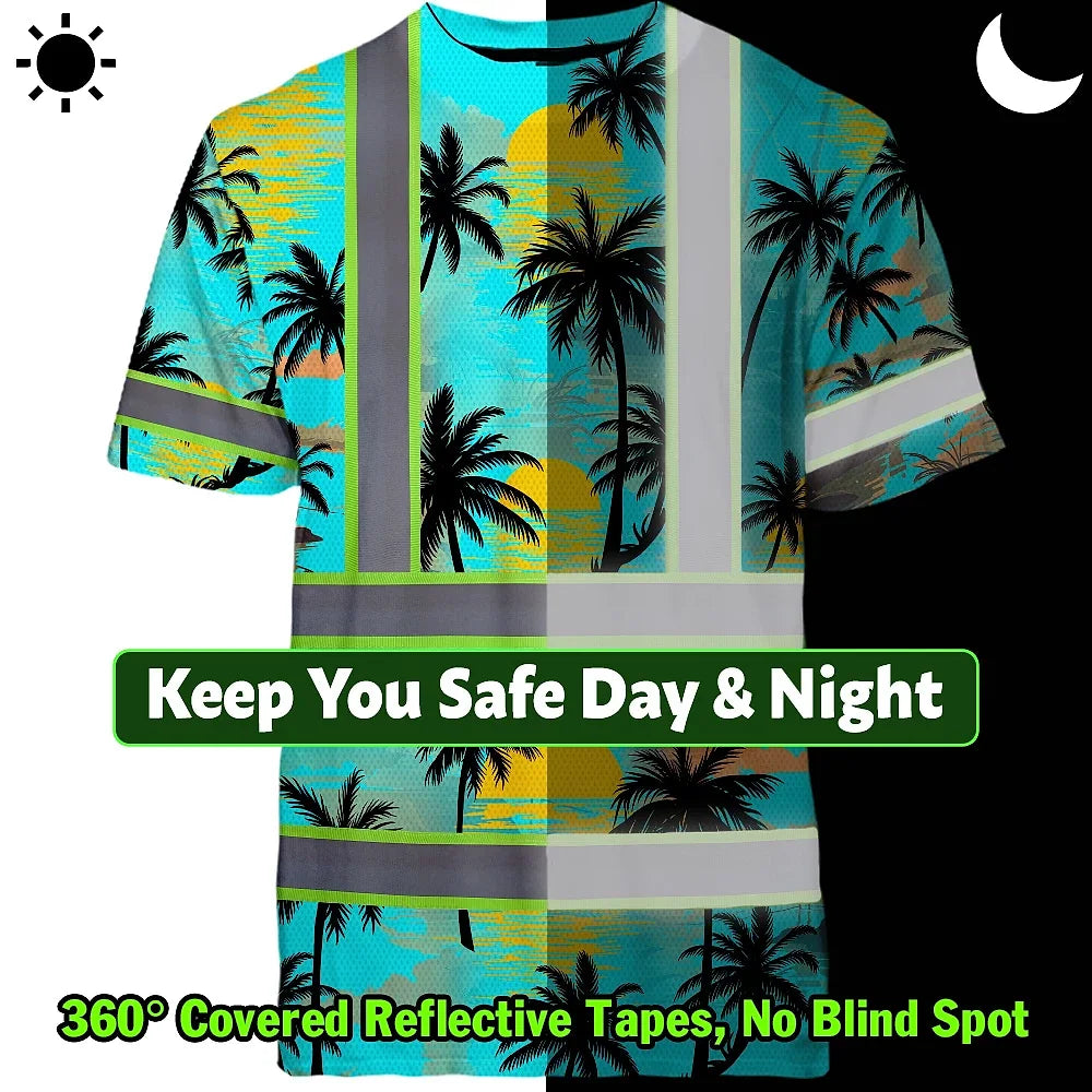 Hi Vis T Shirt Reflective Tapes Blue Neon Flowers Custom Name