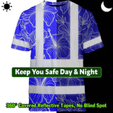 Hi Vis T Shirt Reflective Tapes Blue Neon Flowers Hawaii Custom Name Safety Workwear For Workers, Truckers, Operators