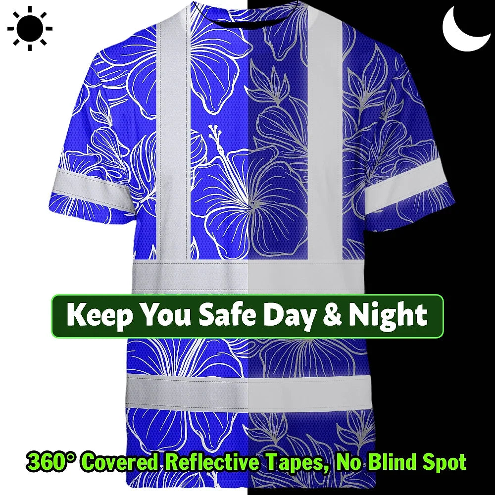 Hi Vis T Shirt Reflective Tapes Blue Neon Flowers Hawaii Custom Name Safety Workwear For Workers, Truckers, Operators