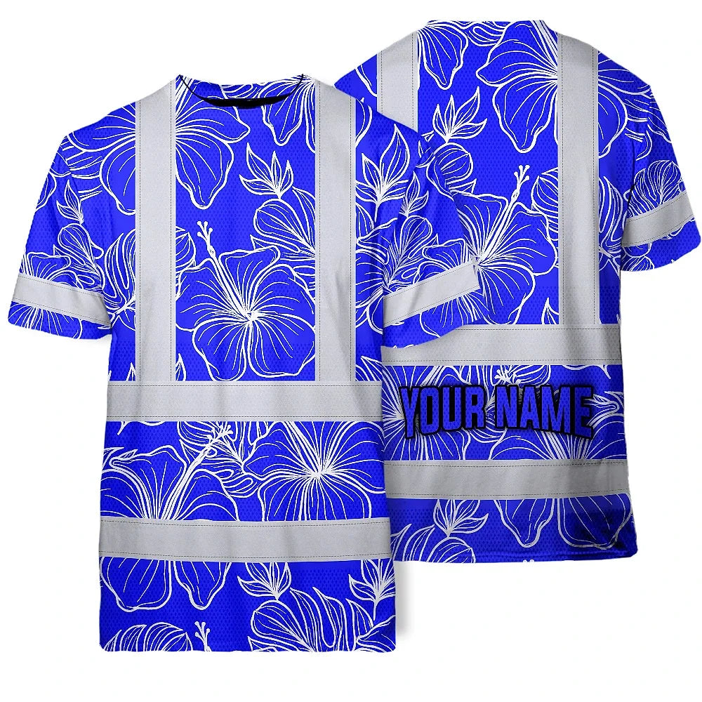 Hi Vis T Shirt Reflective Tapes Blue Neon Flowers Hawaii Custom Name Safety Workwear For Workers, Truckers, Operators