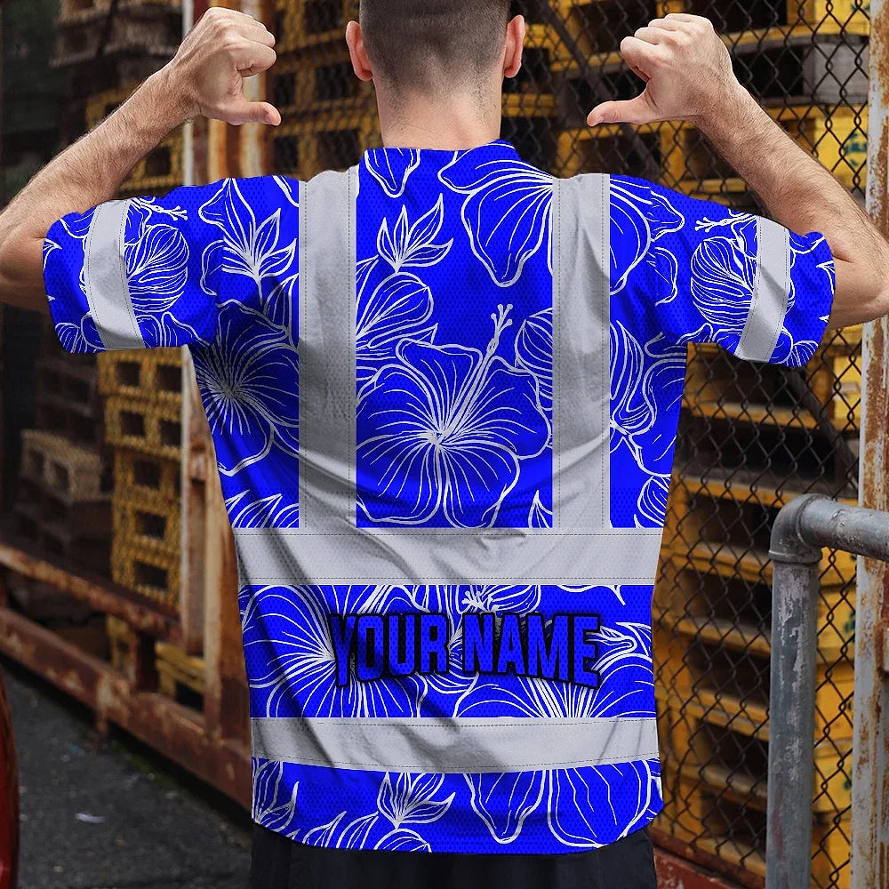 Hi Vis T Shirt Reflective Tapes Blue Neon Flowers Hawaii Custom Name Safety Workwear For Workers, Truckers, Operators