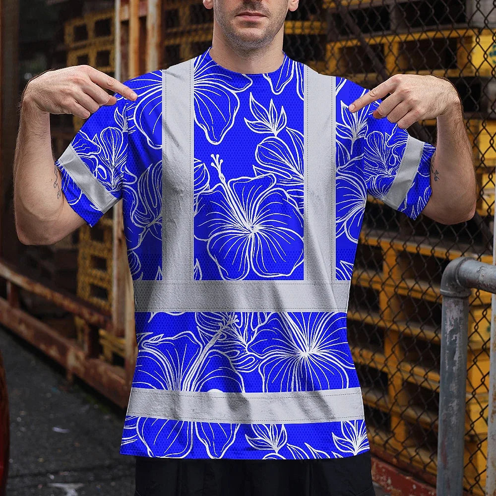 Hi Vis T Shirt Reflective Tapes Blue Neon Flowers Hawaii Custom Name Safety Workwear For Workers, Truckers, Operators