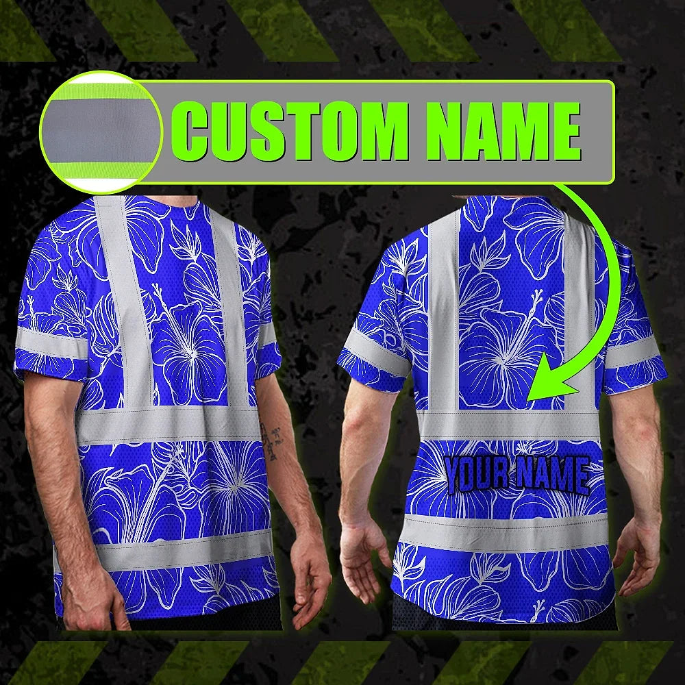 Hi Vis T Shirt Reflective Tapes Blue Neon Flowers Hawaii Custom Name Safety Workwear For Workers, Truckers, Operators