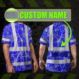 Hi Vis T Shirt Reflective Tapes Blue Neon Flowers Hawaii Custom Name Safety Workwear For Workers, Truckers, Operators