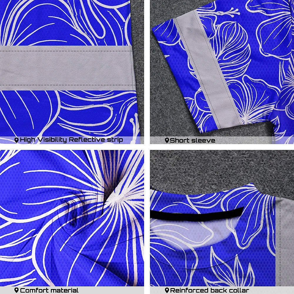 Hi Vis T Shirt Reflective Tapes Blue Neon Flowers Hawaii Custom Name Safety Workwear For Workers, Truckers, Operators