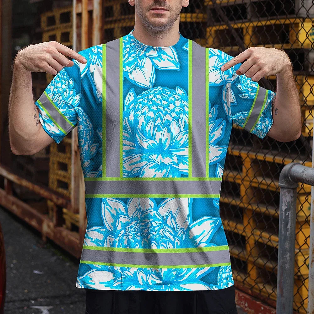 Hi Vis T Shirt Reflective Tapes Blue Neon White Protea Custom Name Safety Workwear For Workers, Truckers, Operators