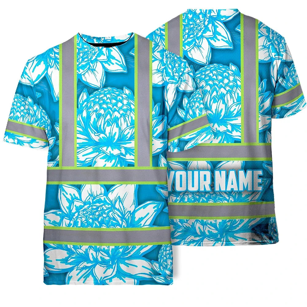 Hi Vis T Shirt Reflective Tapes Blue Neon White Protea Custom Name Safety Workwear For Workers, Truckers, Operators