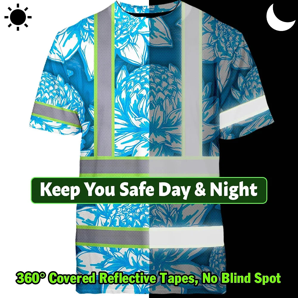 Hi Vis T Shirt Reflective Tapes Blue Neon White Protea Custom Name Safety Workwear For Workers, Truckers, Operators
