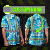 Hi Vis T Shirt Reflective Tapes Blue Neon White Protea Custom Name Safety Workwear For Workers, Truckers, Operators