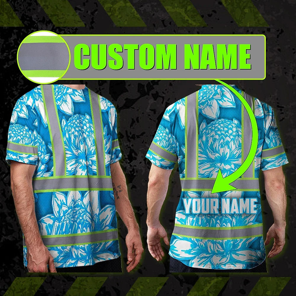 Hi Vis T Shirt Reflective Tapes Blue Neon White Protea Custom Name Safety Workwear For Workers, Truckers, Operators