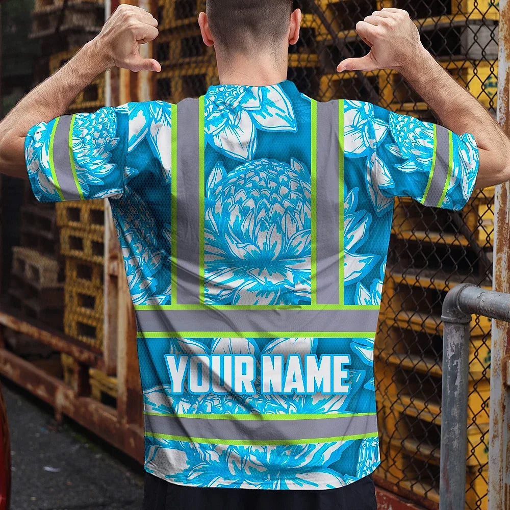 Hi Vis T Shirt Reflective Tapes Blue Neon White Protea Custom Name Safety Workwear For Workers, Truckers, Operators