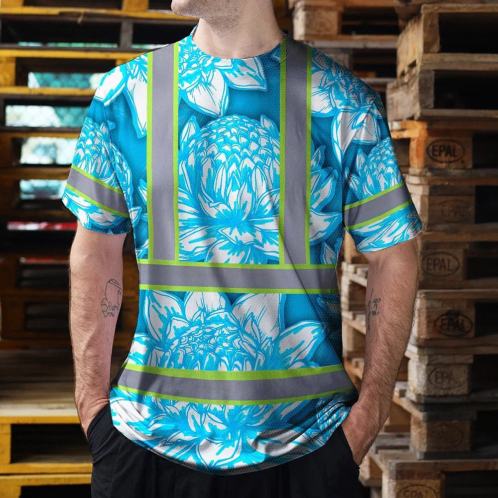 Hi Vis T Shirt Reflective Tapes Blue Neon White Protea Custom Name Safety Workwear For Workers, Truckers, Operators