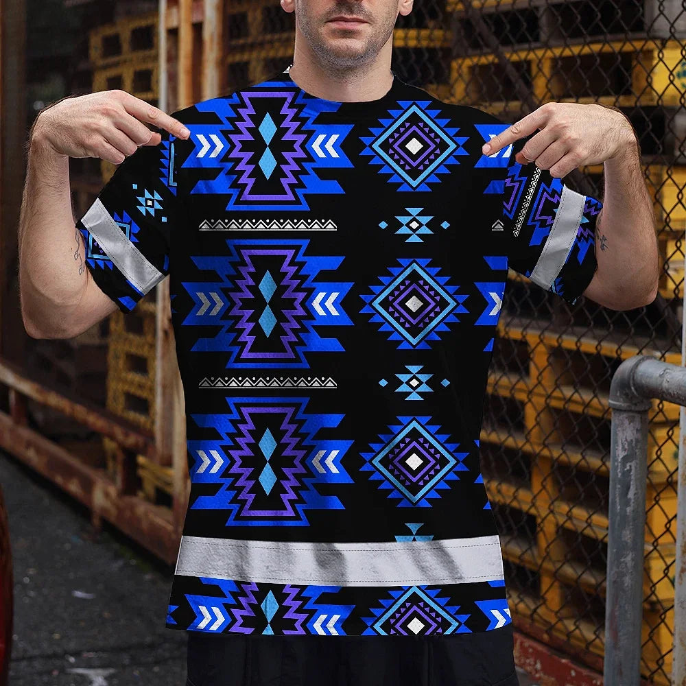 Hi Vis T Shirt Reflective Tapes Blue Violet Native Custom Name Safety Workwear For Workers, Truckers, Operators
