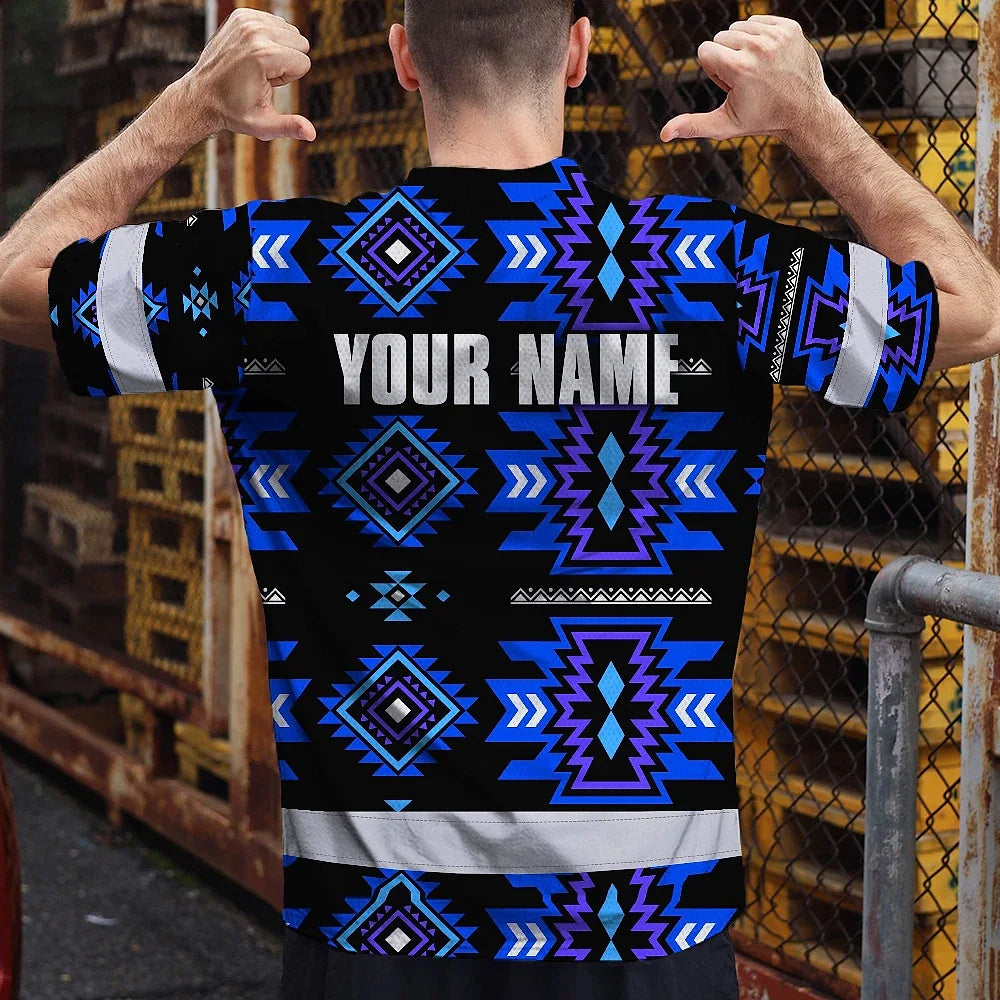 Hi Vis T Shirt Reflective Tapes Blue Violet Native Custom Name Safety Workwear For Workers, Truckers, Operators