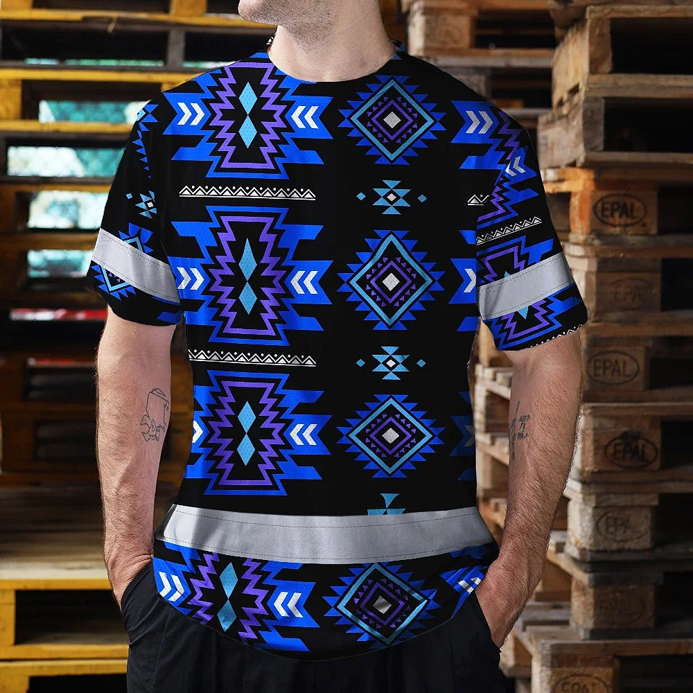 Hi Vis T Shirt Reflective Tapes Blue Violet Native Custom Name Safety Workwear For Workers, Truckers, Operators