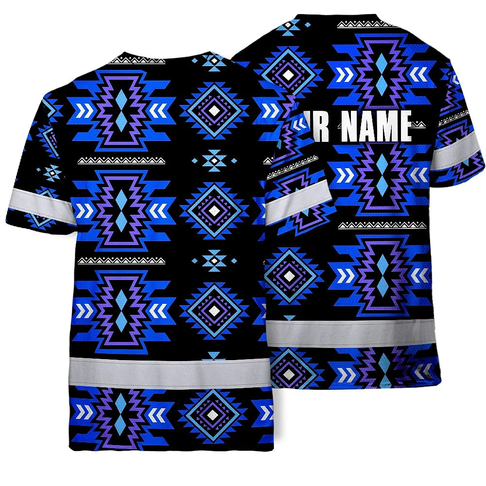 Hi Vis T Shirt Reflective Tapes Blue Violet Native Custom Name Safety Workwear For Workers, Truckers, Operators