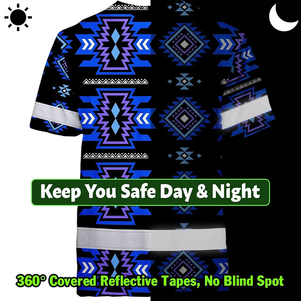 Hi Vis T Shirt Reflective Tapes Blue Violet Native Custom Name Safety Workwear For Workers, Truckers, Operators