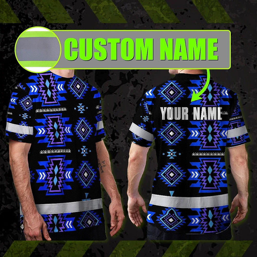 Hi Vis T Shirt Reflective Tapes Blue Violet Native Custom Name Safety Workwear For Workers, Truckers, Operators