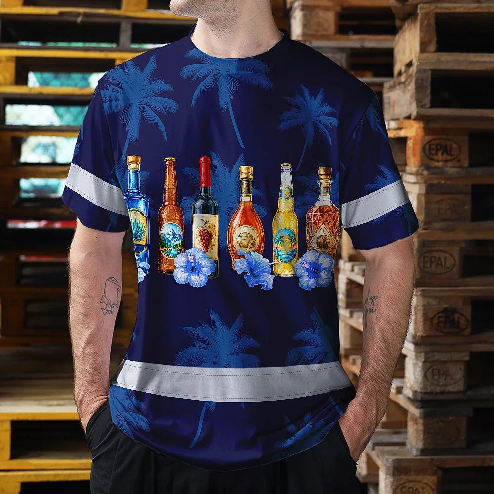 Hi Vis T Shirt Reflective Tapes Dark Blue Flower Drink Tropical Custom Name Safety Workwear For Workers, Truckers, Operators