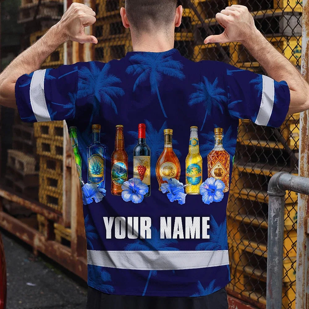 Hi Vis T Shirt Reflective Tapes Dark Blue Flower Drink Tropical Custom Name Safety Workwear For Workers, Truckers, Operators