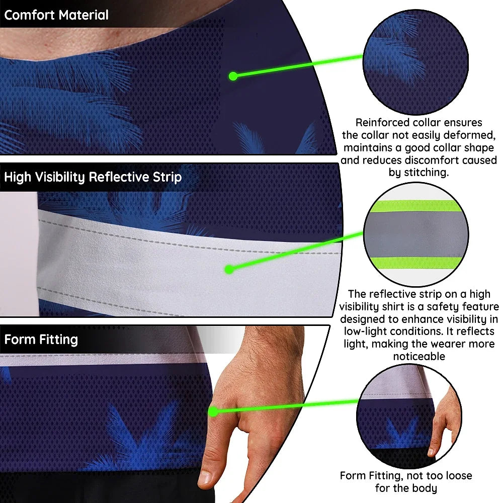 Hi Vis T Shirt Reflective Tapes Dark Blue Flower Drink Tropical Custom Name Safety Workwear For Workers, Truckers, Operators