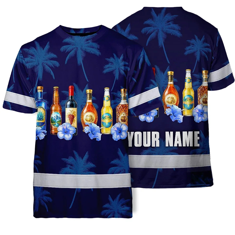 Hi Vis T Shirt Reflective Tapes Dark Blue Flower Drink Tropical Custom Name Safety Workwear For Workers, Truckers, Operators