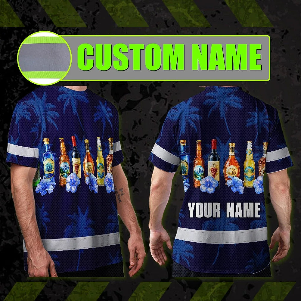 Hi Vis T Shirt Reflective Tapes Dark Blue Flower Drink Tropical Custom Name Safety Workwear For Workers, Truckers, Operators