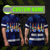 Hi Vis T Shirt Reflective Tapes Dark Blue Flower Drink Tropical Custom Name Safety Workwear For Workers, Truckers, Operators