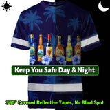Hi Vis T Shirt Reflective Tapes Dark Blue Flower Drink Tropical Custom Name Safety Workwear For Workers, Truckers, Operators