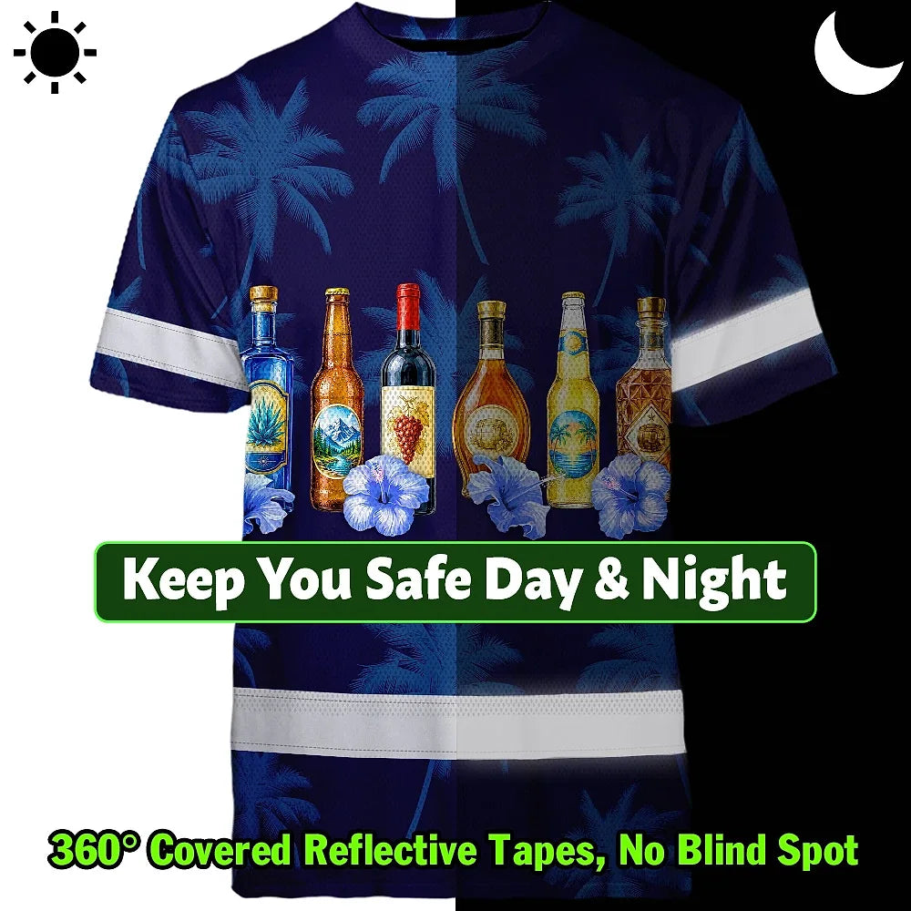 Hi Vis T Shirt Reflective Tapes Dark Blue Flower Drink Tropical Custom Name Safety Workwear For Workers, Truckers, Operators