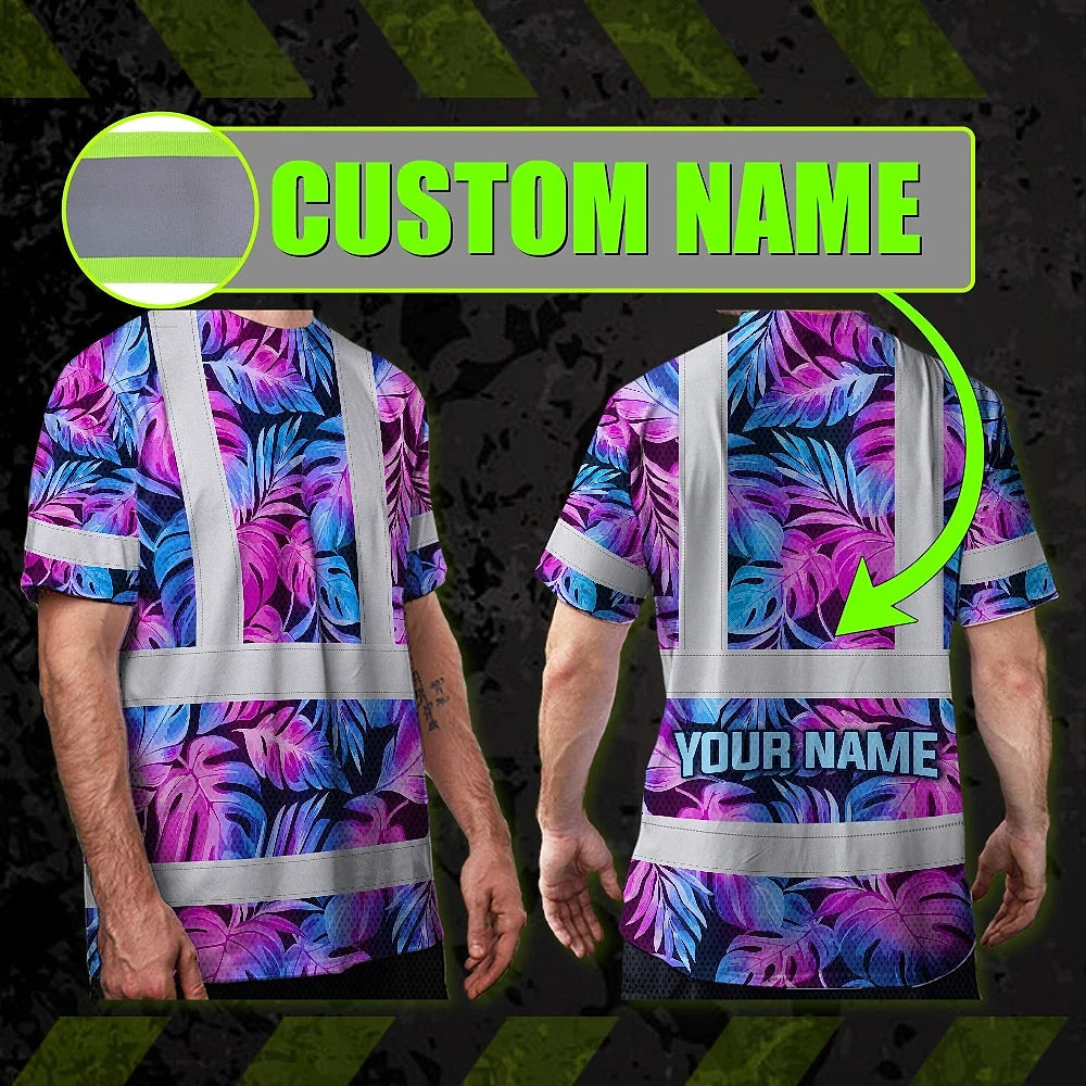 Hi Vis T Shirt Reflective Tapes Gradient Blue Violet Custom Name Safety Workwear For Workers, Truckers, Operators