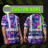 Hi Vis T Shirt Reflective Tapes Gradient Blue Violet Custom Name Safety Workwear For Workers, Truckers, Operators