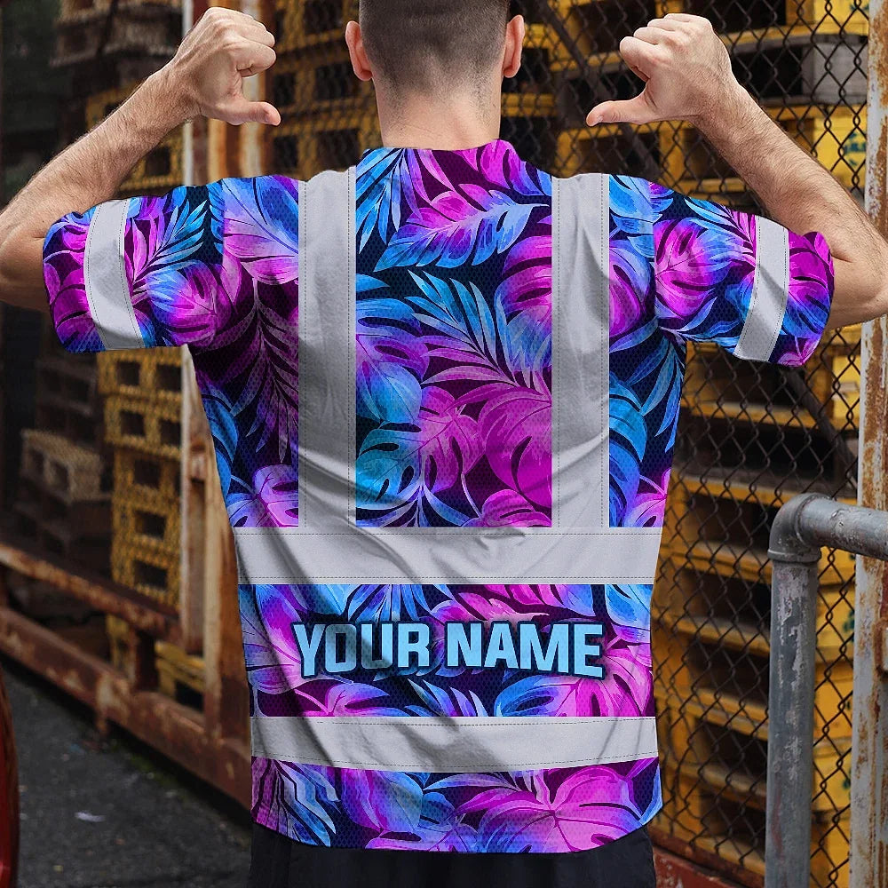 Hi Vis T Shirt Reflective Tapes Gradient Blue Violet Custom Name Safety Workwear For Workers, Truckers, Operators