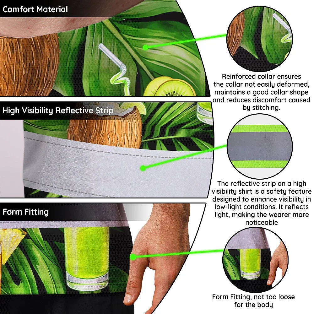 Hi Vis T Shirt Reflective Tapes Green Flower Drink Tropical Custom Name Safety Workwear For Workers, Truckers, Operators