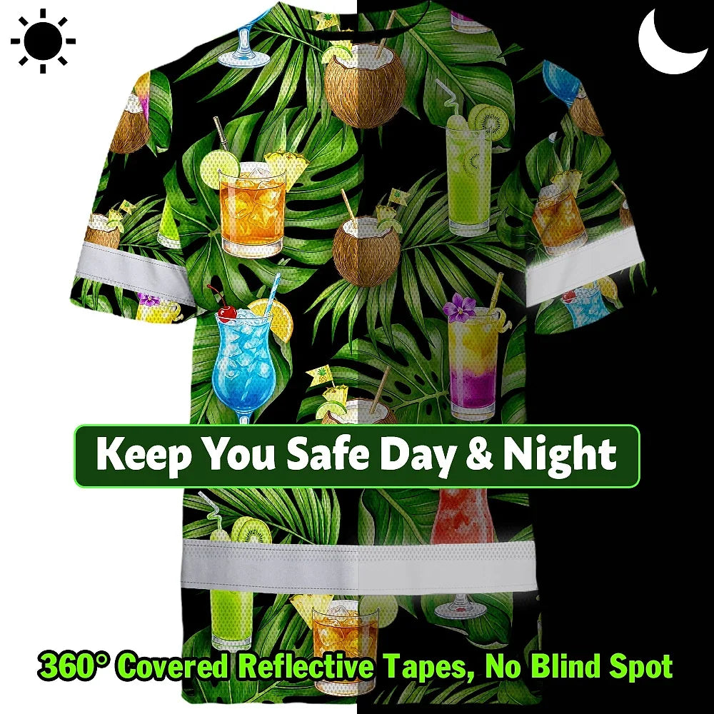 Hi Vis T Shirt Reflective Tapes Green Flower Drink Tropical Custom Name Safety Workwear For Workers, Truckers, Operators