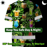 Hi Vis T Shirt Reflective Tapes Green Flower Drink Tropical Custom Name Safety Workwear For Workers, Truckers, Operators