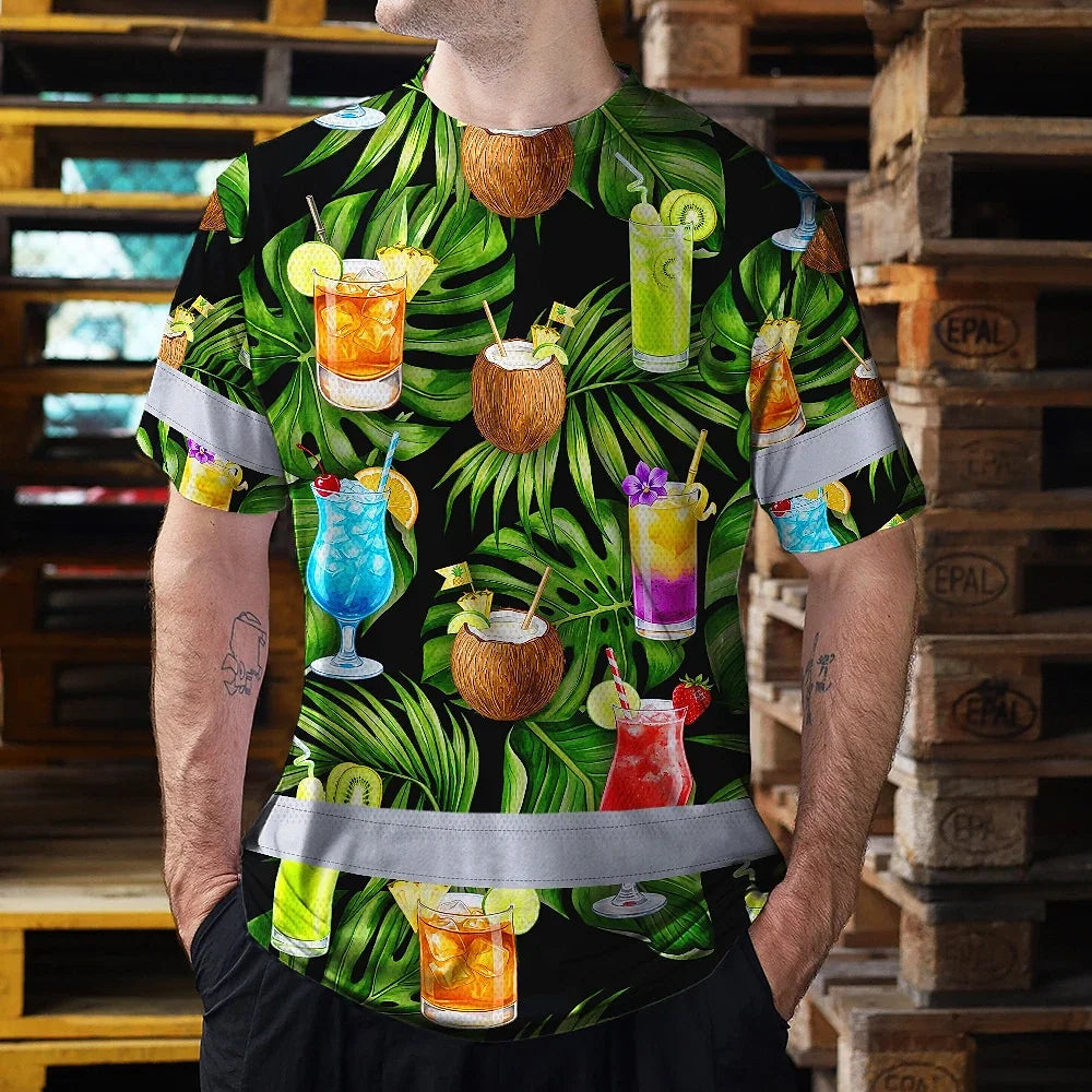 Hi Vis T Shirt Reflective Tapes Green Flower Drink Tropical Custom Name Safety Workwear For Workers, Truckers, Operators