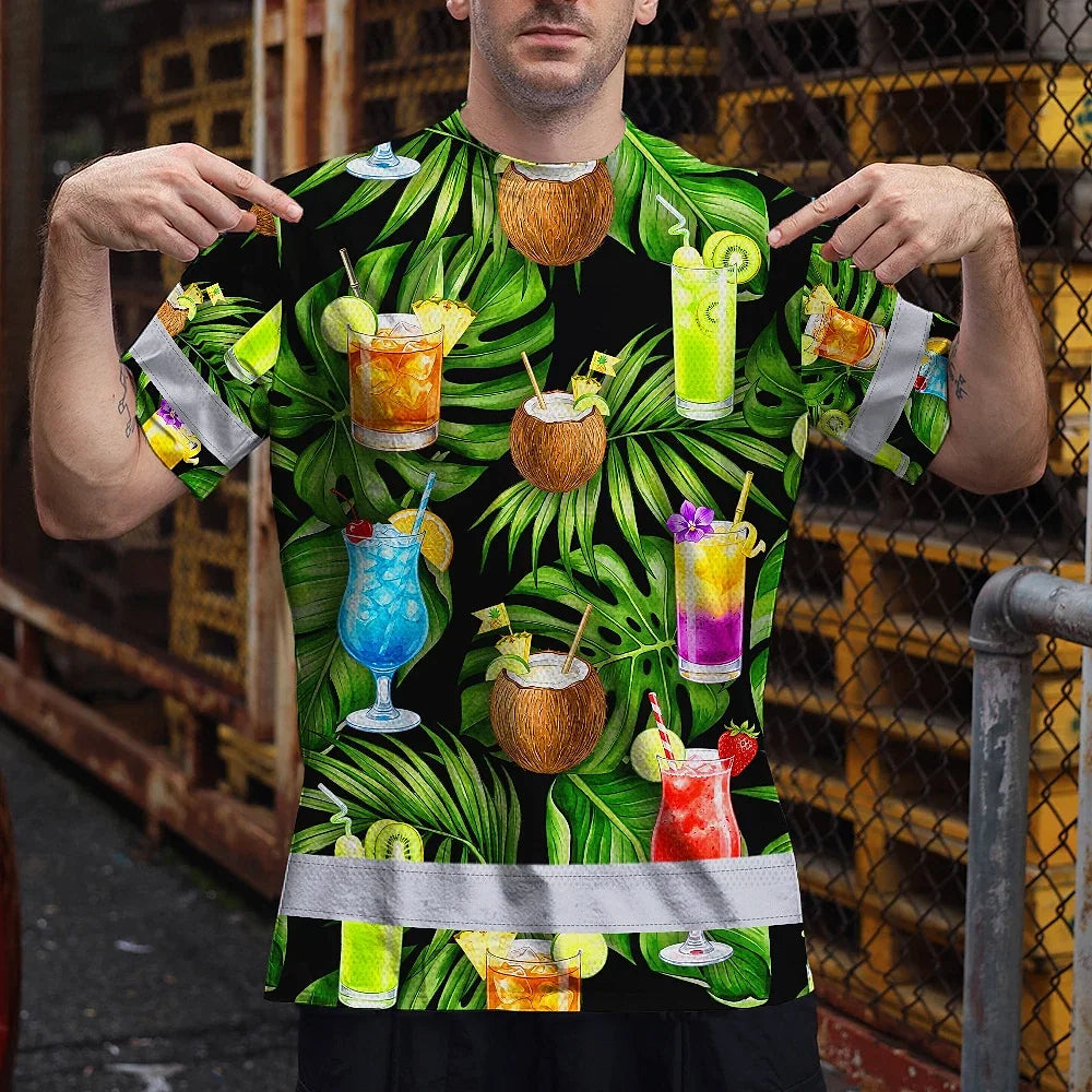 Hi Vis T Shirt Reflective Tapes Green Flower Drink Tropical Custom Name Safety Workwear For Workers, Truckers, Operators